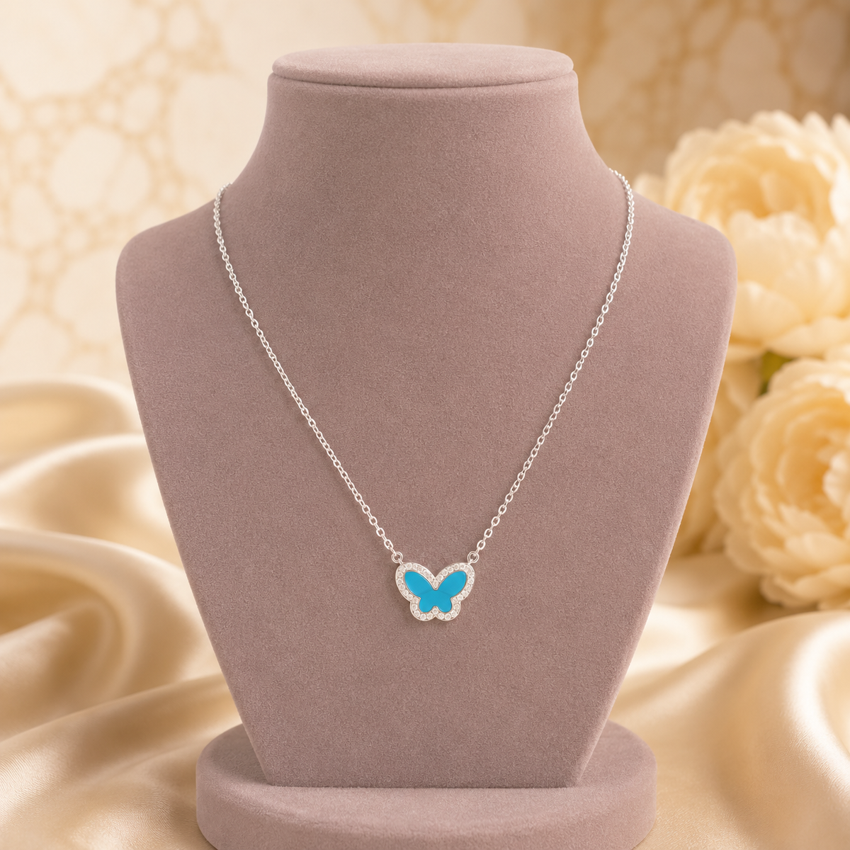 Collar Dije Mariposa Turquesa Plata de Ley 925 con Zircones