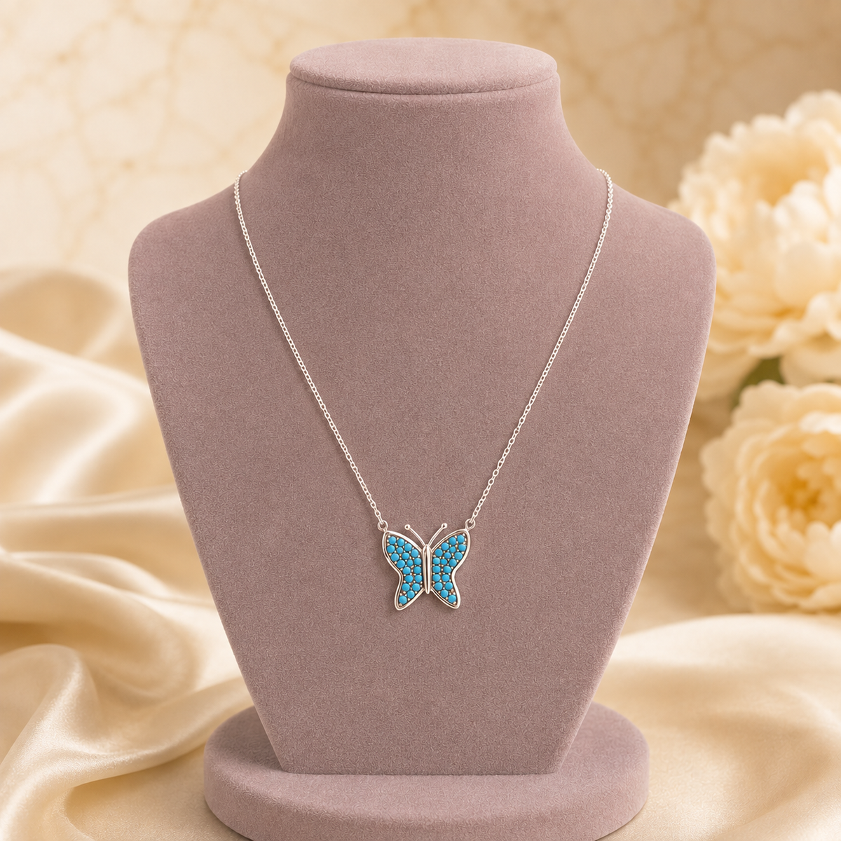 Collar Dije Mariposa Bolitas Turquesa Plata de Ley 925
