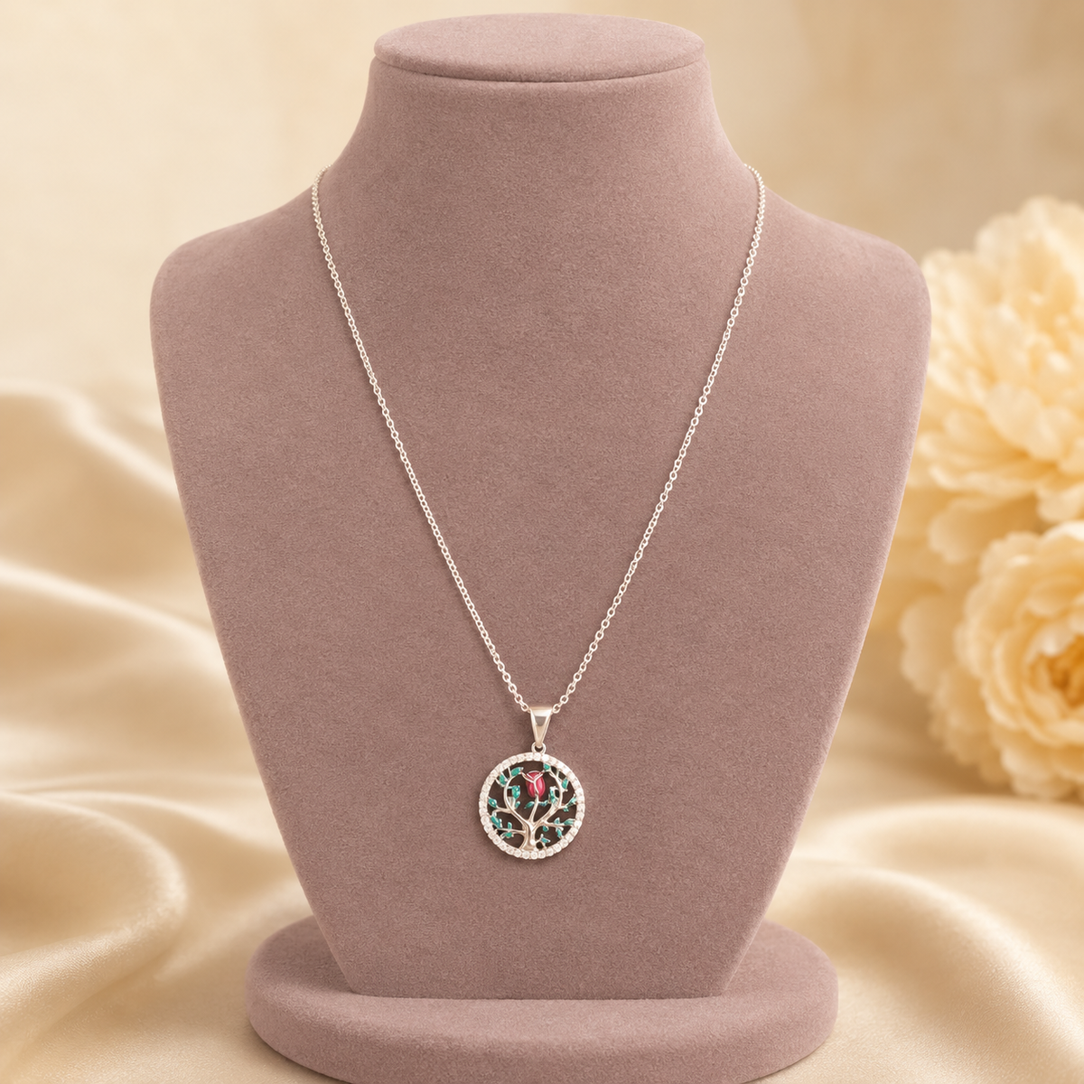 Collar Dije Árbol de la Vida con Rosa Plata de Ley 925