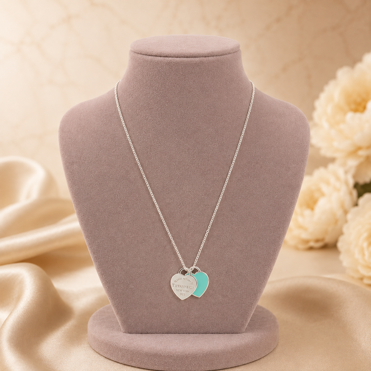 Collar Doble Dije Corazón Esmalte Turquesa Plata de Ley 925