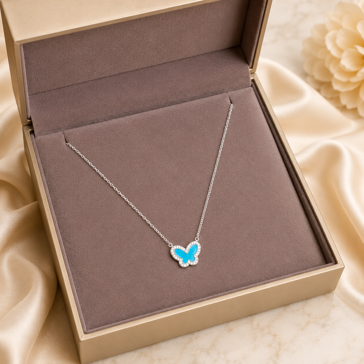 Collar Dije Mariposa Turquesa Plata de Ley 925 con Zircones