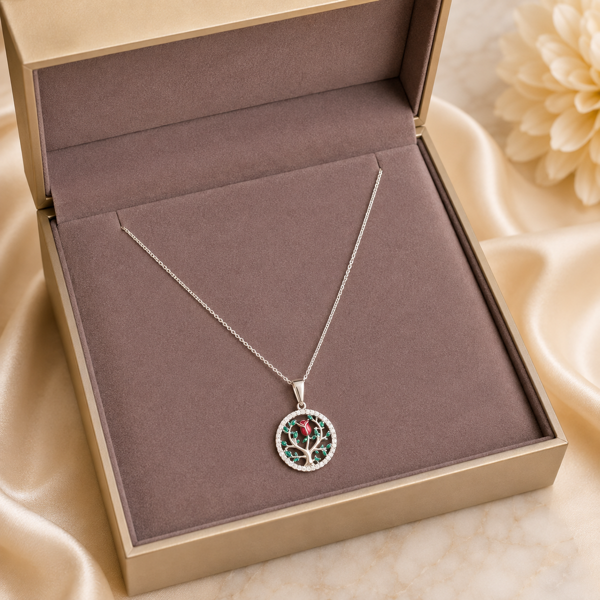 Collar Dije Árbol de la Vida con Rosa Plata de Ley 925