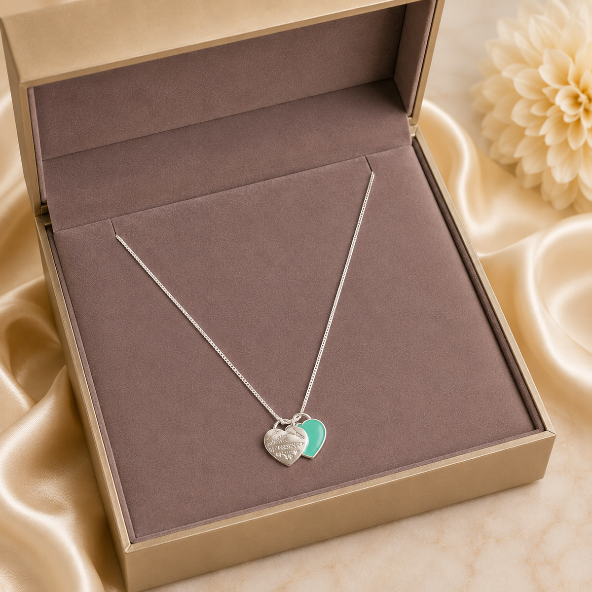 Collar Doble Dije Corazón Esmalte Turquesa Plata de Ley 925