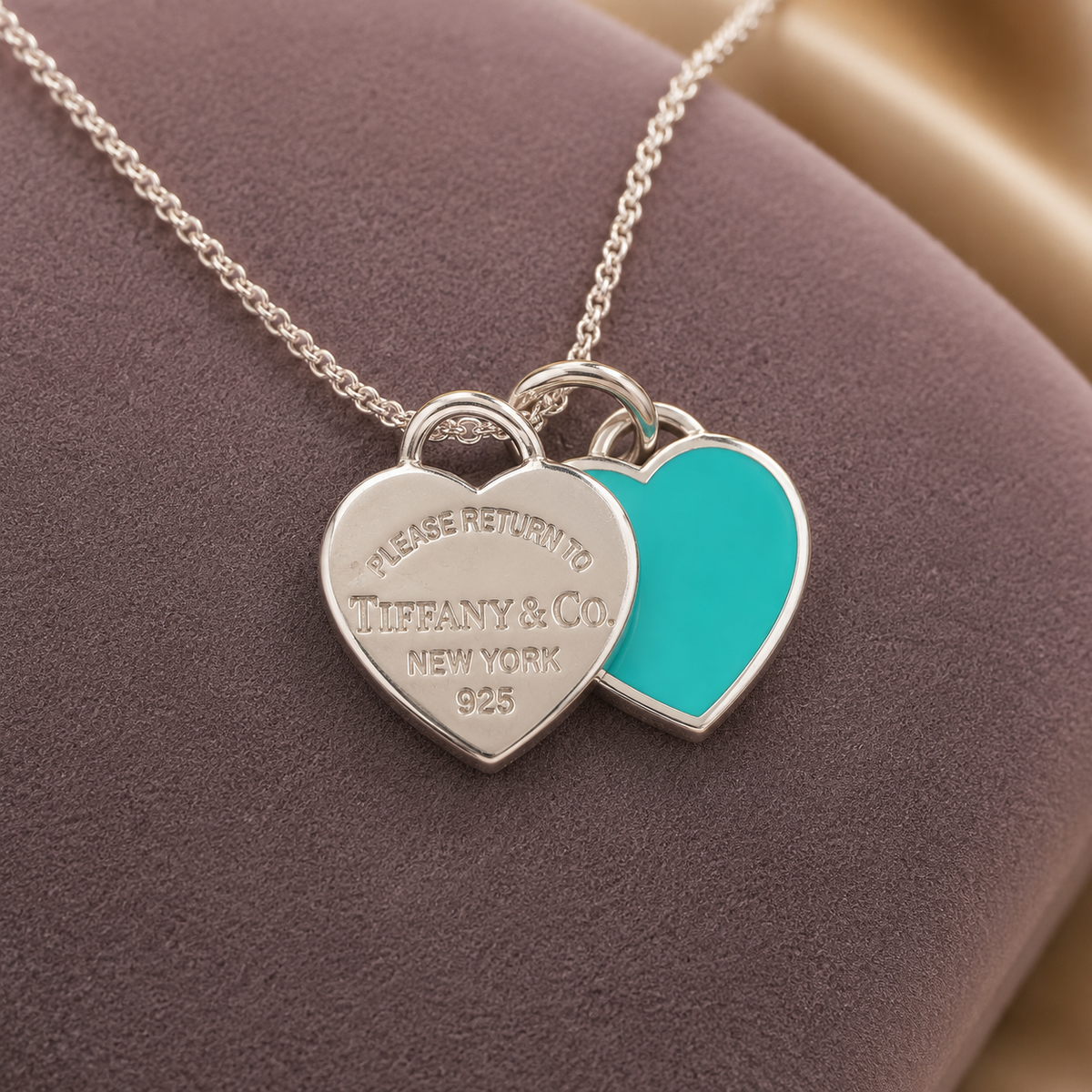 Collar Doble Dije Corazón Esmalte Turquesa Plata de Ley 925