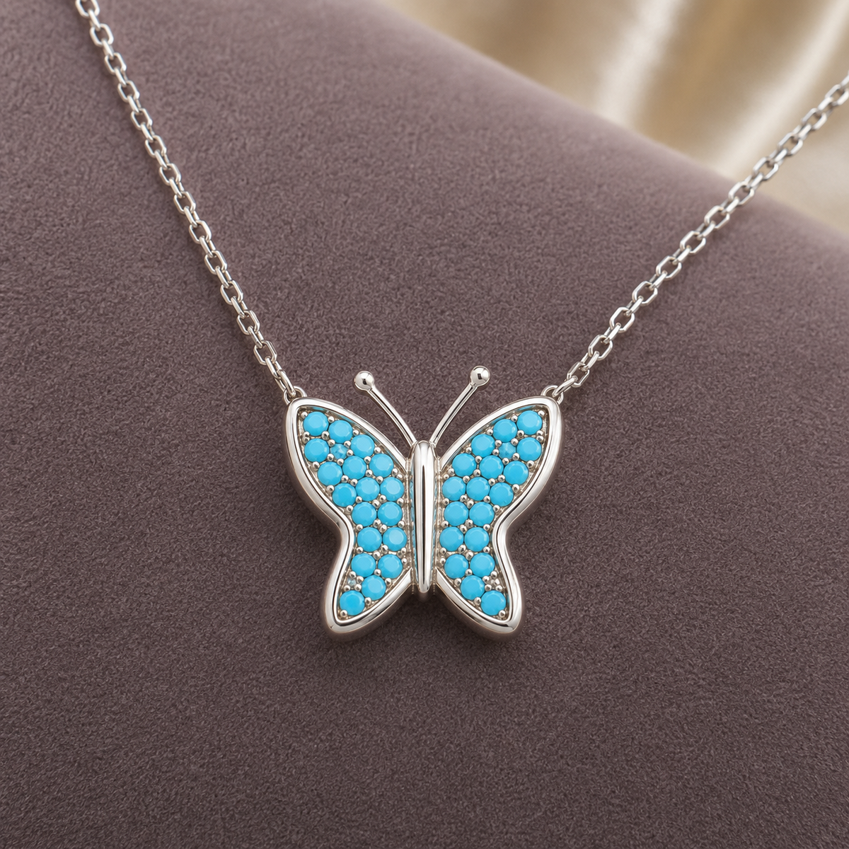 Collar Dije Mariposa Bolitas Turquesa Plata de Ley 925