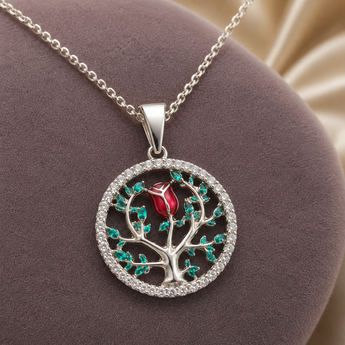 Collar Dije Árbol de la Vida con Rosa Plata de Ley 925