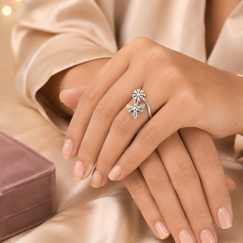 Anillo Abeja y Margarita Plata 925 | Abierto Ajustable para Mujer