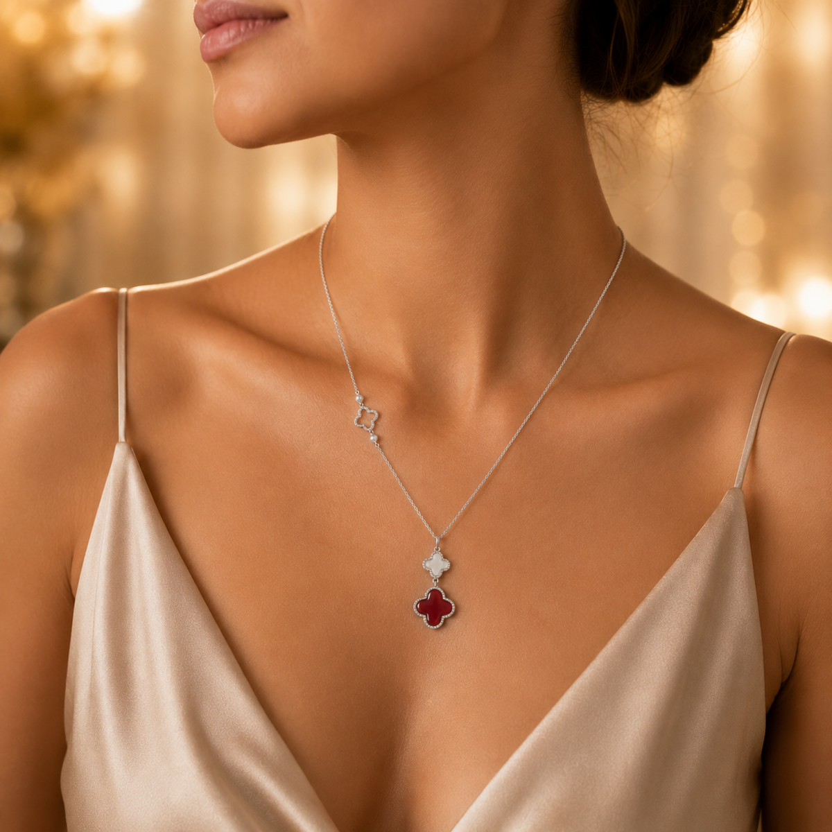 Collar Doble Dije Trébol Nácar y Ágata Roja Plata de Ley 925