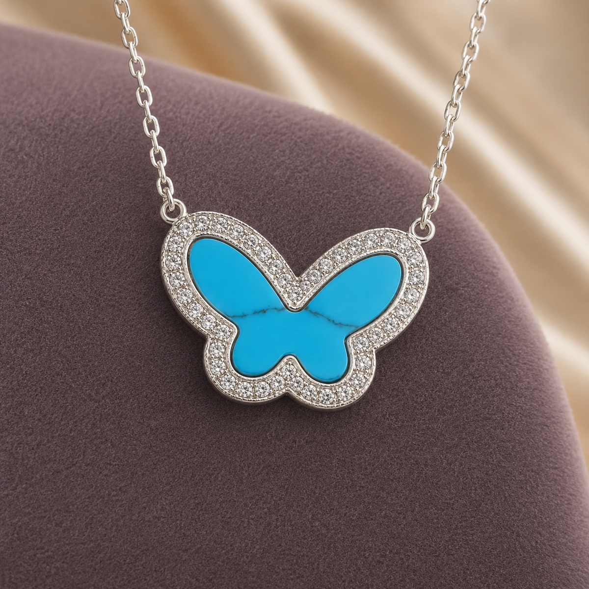 Collar Dije Mariposa Turquesa Plata de Ley 925 con Zircones
